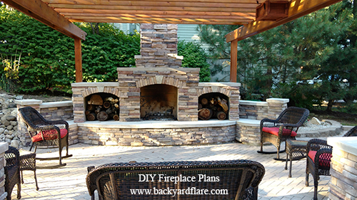 DIY Outdoor Fireplace with storage under pergola