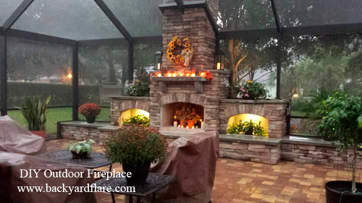 DIY Screened in Outdoor Fireplace with storage and seating