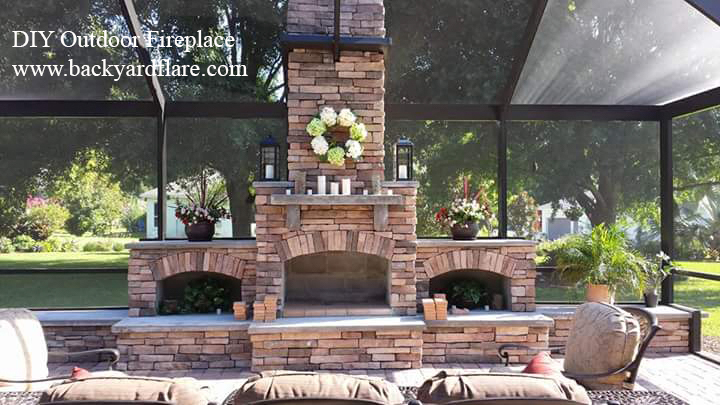 DIY Screened in Outdoor Fireplace with storage and seating