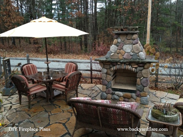 DIY Outdoor Fireplace with river rock veneer