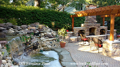 DIY Outdoor Fireplace with storage and seating under pergola